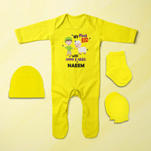 Load image into Gallery viewer, Custom Name My First Eid With Ammi And Abbu Jumpsuit with Cap, Mittens and Booties Romper Set for Baby Boy - KidsFashionVilla
