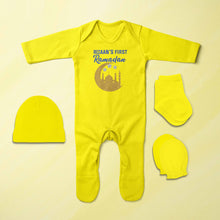 Load image into Gallery viewer, First Ramadan Custom Name Eid Jumpsuit with Cap, Mittens and Booties Romper Set for Baby Boy - KidsFashionVilla
