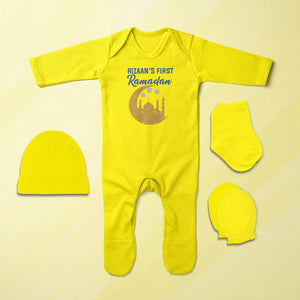 First Ramadan Custom Name Eid Jumpsuit with Cap, Mittens and Booties Romper Set for Baby Boy - KidsFashionVilla