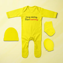 Load image into Gallery viewer, Stop Dating Start Batting Cricket Quotes Jumpsuit with Cap, Mittens and Booties Romper Set for Baby Boy - KidsFashionVilla
