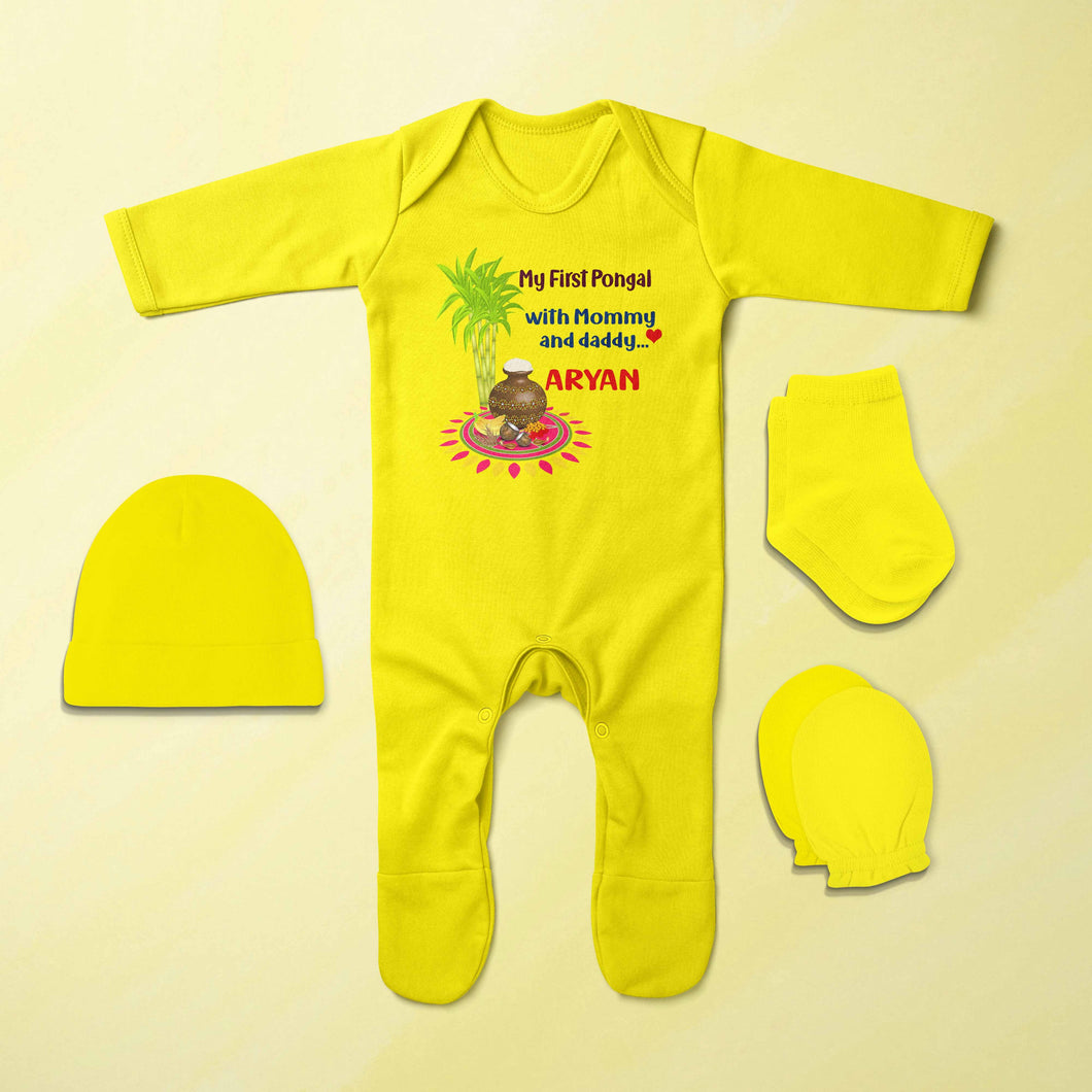 Custom Name My First Pongal With Mommy And Daddy Jumpsuit with Cap, Mittens and Booties Romper Set for Baby Boy - KidsFashionVilla