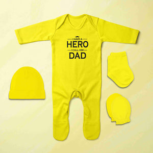 I Have A Hero I Call Him Dad Jumpsuit with Cap, Mittens and Booties Romper Set for Baby Boy - KidsFashionVilla