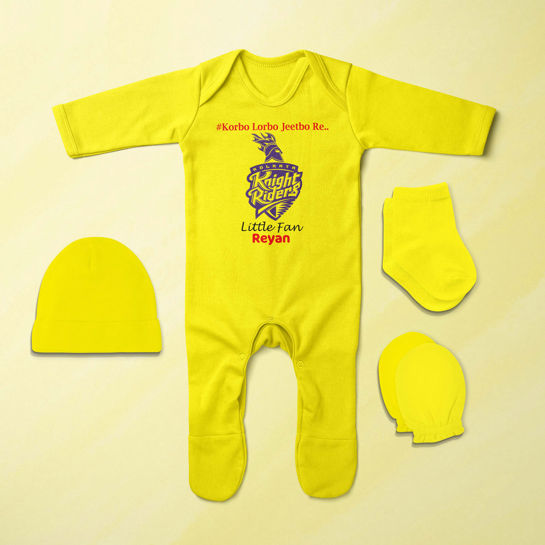 Custom Name IPL KKR Kolkata Knight Riders Korbo Lorbo Jeetbo Re Jumpsuit with Cap, Mittens and Booties Romper Set for Baby Boy - KidsFashionVilla