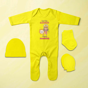 Happy Navratri Jumpsuit with Cap, Mittens and Booties Romper Set for Baby Girl - KidsFashionVilla