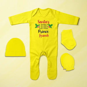 Customized Name Santas Little Prince Christmas Jumpsuit with Cap, Mittens and Booties Romper Set for Baby Boy - KidsFashionVilla