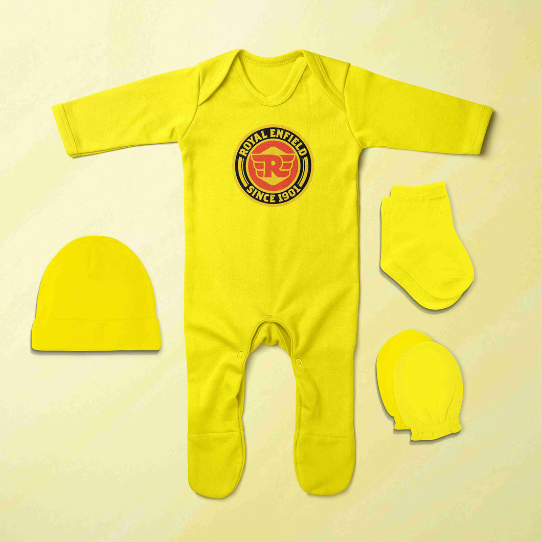 Royal Enfield Since 1901 Logo Jumpsuit with Cap, Mittens and Booties Romper Set for Baby Boy - KidsFashionVilla