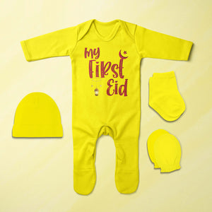 My First Eid Jumpsuit with Cap, Mittens and Booties Romper Set for Baby Boy - KidsFashionVilla