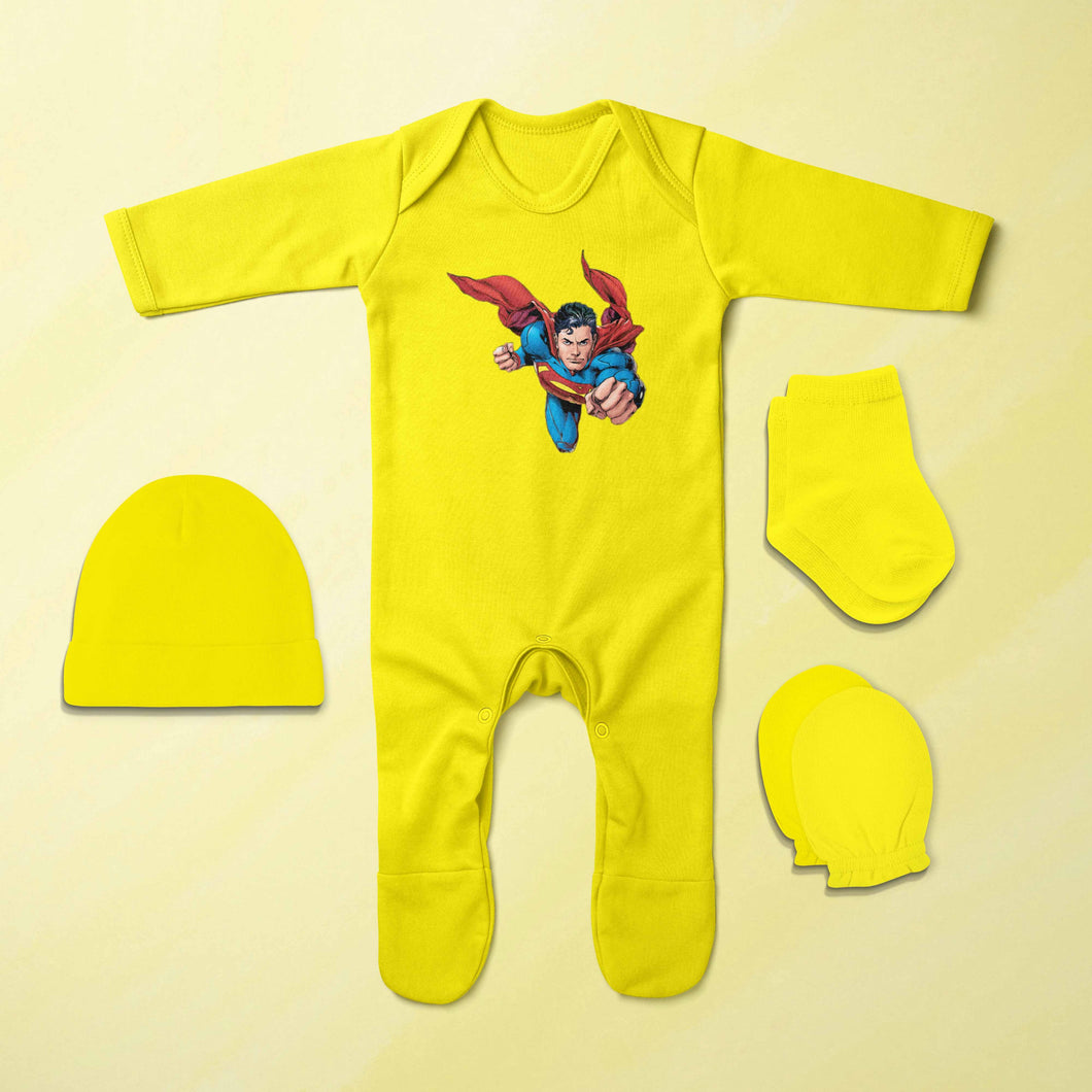 Flying Cute Superhero Cartoon Jumpsuit with Cap, Mittens and Booties Romper Set for Baby Boy - KidsFashionVilla