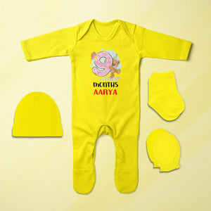 Custom Name 9 Month Birthday Teddy Design Jumpsuit with Cap, Mittens and Booties Romper Set for Baby Girl - KidsFashionVilla