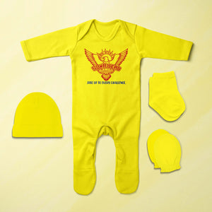 Custom Name IPL SRH Sunrisers Hyderabad Jumpsuit with Cap, Mittens and Booties Romper Set for Baby Boy - KidsFashionVilla