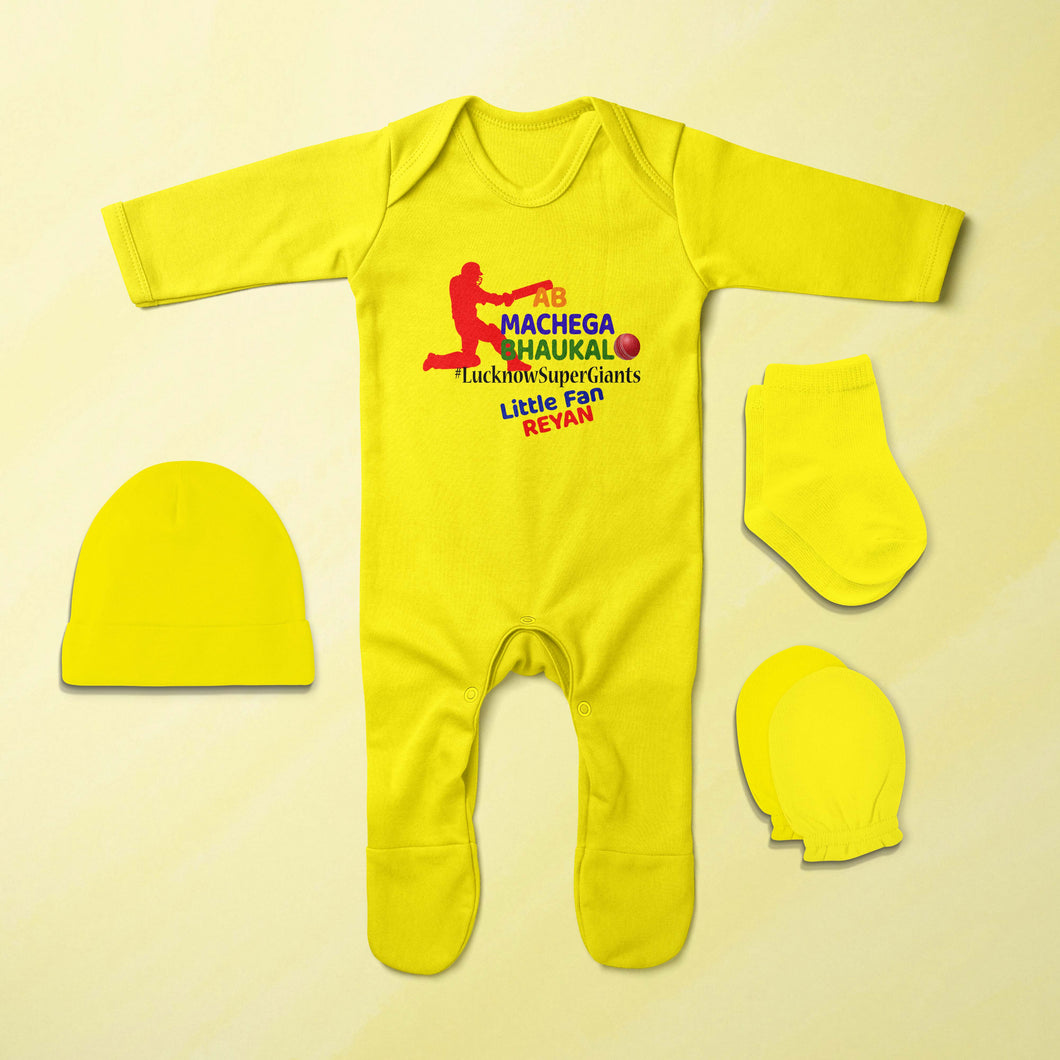 Custom Name IPL LSG LucknowSuperGiants Jumpsuit with Cap, Mittens and Booties Romper Set for Baby Boy - KidsFashionVilla