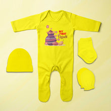 Load image into Gallery viewer, My First Ugadi Jumpsuit with Cap, Mittens and Booties Romper Set for Baby Girl - KidsFashionVilla
