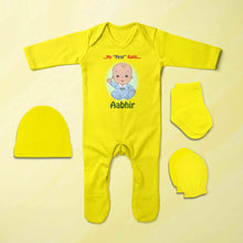 Load image into Gallery viewer, Custom Name My First Rakhi Jumpsuit with Cap, Mittens and Booties Romper Set for Baby Boy - KidsFashionVilla
