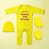 Good Bye Tummy Hello Mummy Jumpsuit with Cap, Mittens and Booties Romper Set for Baby Boy - KidsFashionVilla