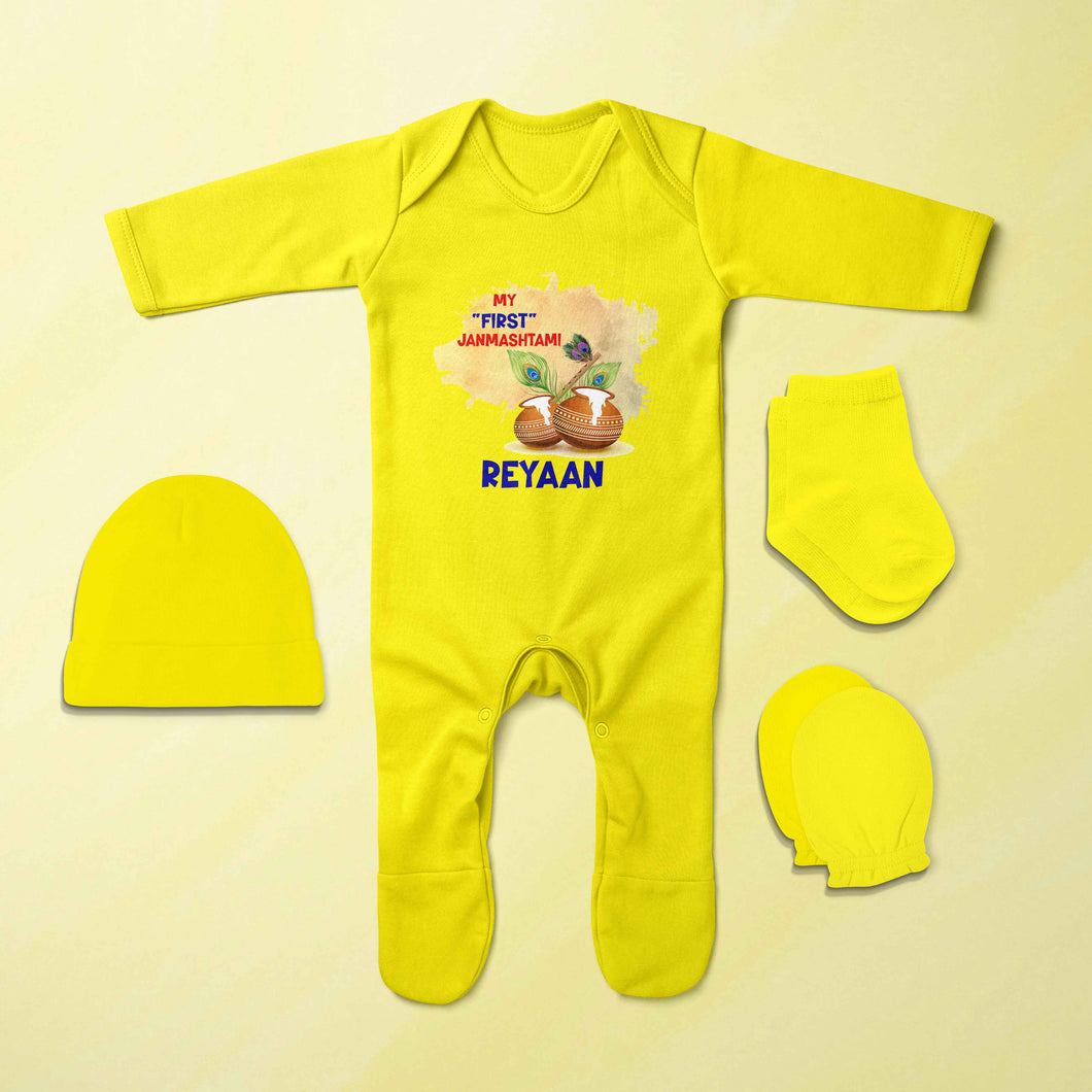Custom Name My First Janmashtami Little Krishna Jumpsuit with Cap, Mittens and Booties Romper Set for Baby Boy - KidsFashionVilla