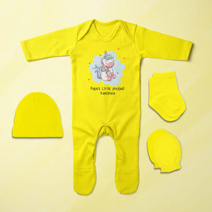 Custom Name Papas Little Phuljadi Diwali Jumpsuit with Cap, Mittens and Booties Romper Set for Baby Girl - KidsFashionVilla