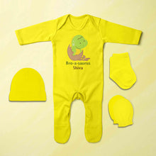 Load image into Gallery viewer, Custom Name Bro A Sauras Raksha Bandhan Jumpsuit with Cap, Mittens and Booties Romper Set for Baby Boy - KidsFashionVilla
