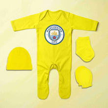 Load image into Gallery viewer, Manchester City Logo Jumpsuit with Cap, Mittens and Booties Romper Set for Baby Boy - KidsFashionVilla
