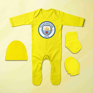 Manchester City Logo Jumpsuit with Cap, Mittens and Booties Romper Set for Baby Boy - KidsFashionVilla