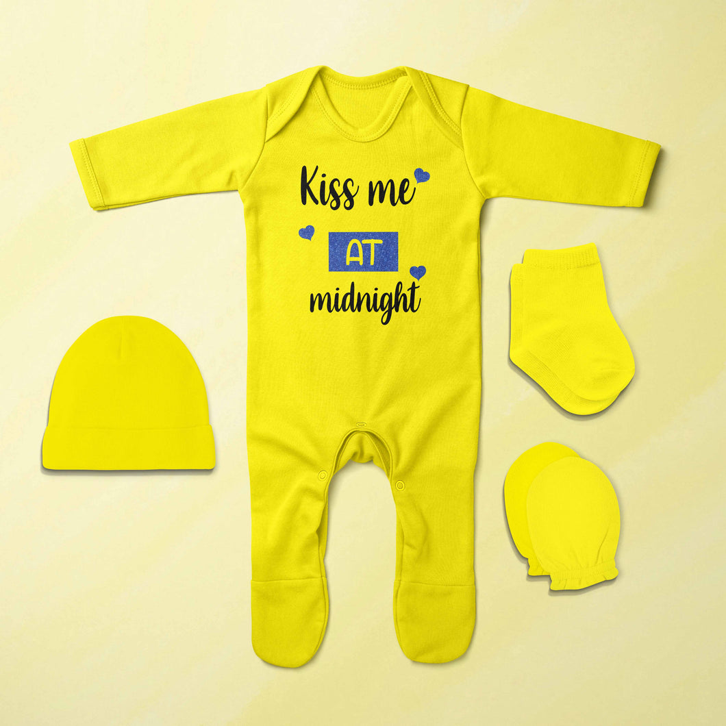 Kiss Me At Midnight Christmas Jumpsuit with Cap, Mittens and Booties Romper Set for Baby Boy - KidsFashionVilla