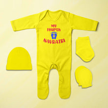 Load image into Gallery viewer, My Fourth Navratri Jumpsuit with Cap, Mittens and Booties Romper Set for Baby Boy - KidsFashionVilla
