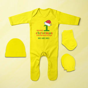 Customized Name 1st Christmas With Mumma & Papa Jumpsuit with Cap, Mittens and Booties Romper Set for Baby Boy - KidsFashionVilla