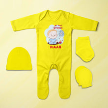 Load image into Gallery viewer, Custom Name My First Diwali Jumpsuit with Cap, Mittens and Booties Romper Set for Baby Boy - KidsFashionVilla

