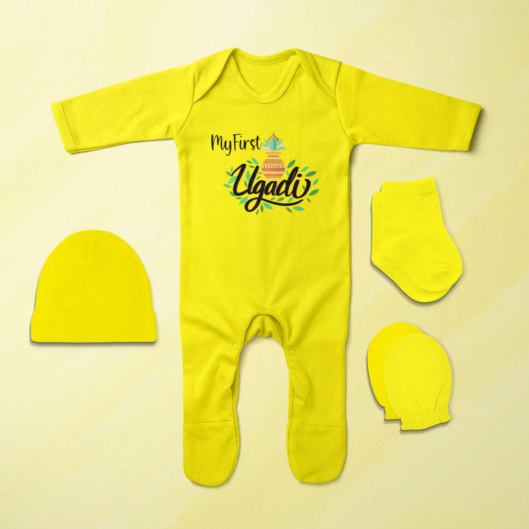 My First Ugadi Jumpsuit with Cap, Mittens and Booties Romper Set for Baby Girl - KidsFashionVilla