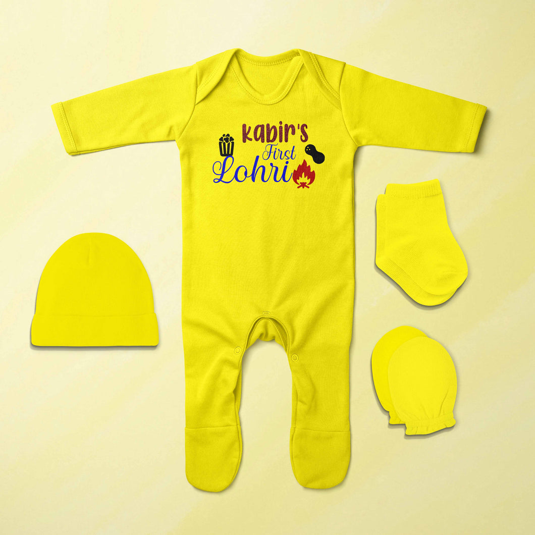 Custom Baby Name First Lohri Jumpsuit with Cap, Mittens and Booties Romper Set for Baby Boy - KidsFashionVilla