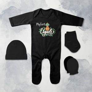 My First Ugadi Jumpsuit with Cap, Mittens and Booties Romper Set for Baby Girl - KidsFashionVilla