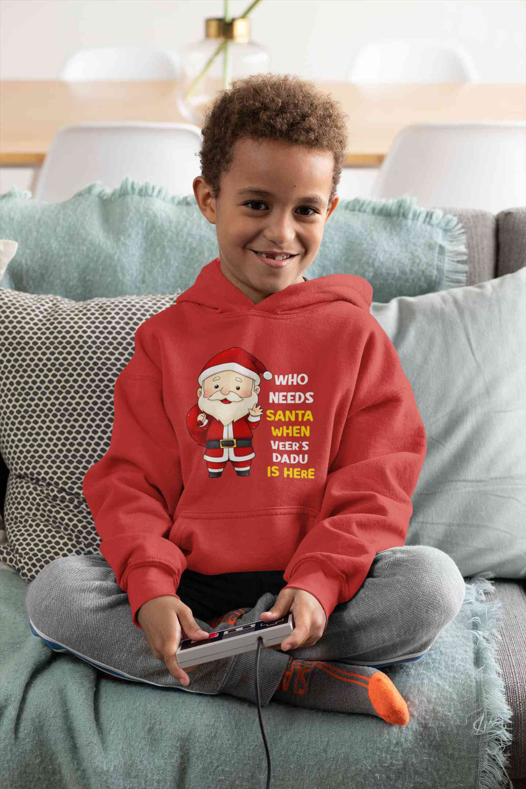 Customized Name Santa Dadu Is Here Christmas Boy Hoodies-KidsFashionVilla