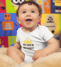 Load image into Gallery viewer, Kings are born in September Rompers for Baby Boy- FunkyTradition FunkyTradition
