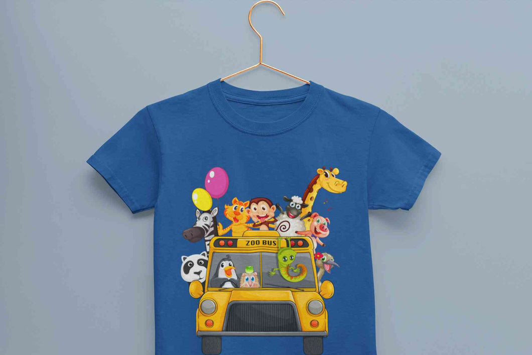 Zoo Bus Cartoon Half Sleeves T-Shirt For Girls -KidsFashionVilla