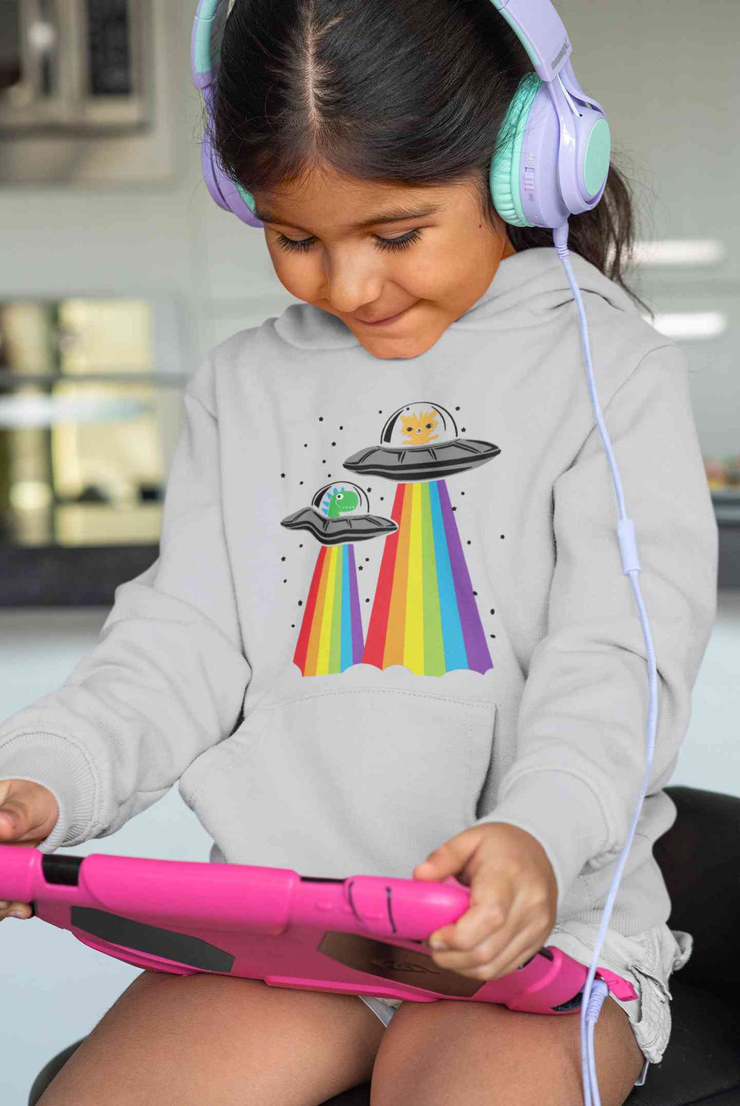 Rainbow Spaceship Cartoon Girl Hoodies-KidsFashionVilla