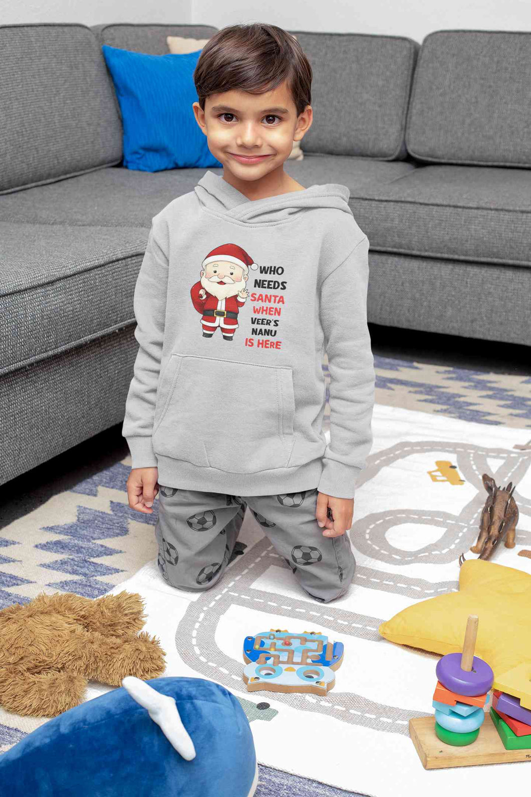 Customized Name Santa Nanu Is Here Christmas Boy Hoodies-KidsFashionVilla