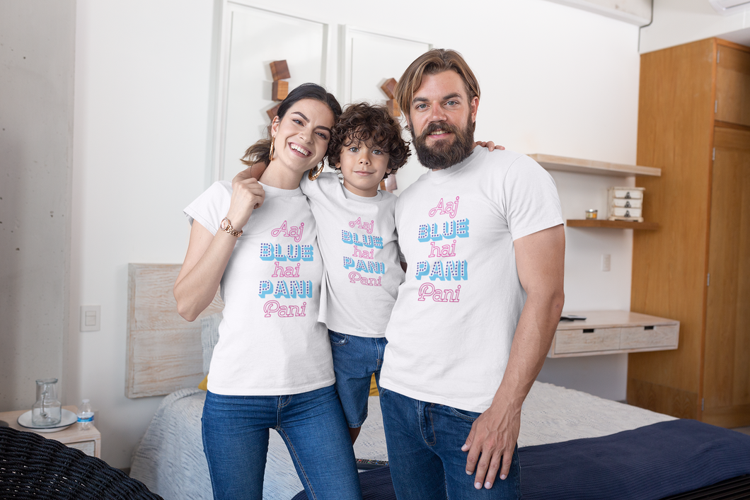 Aaj Blue Hai Pani Pani Holi Family Half Sleeves T-Shirts-KidsFashionVilla