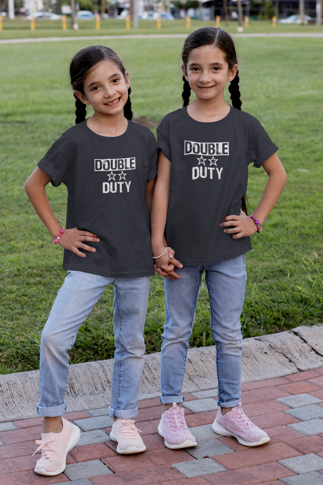 Double Duty Twins Sisters Matching Kids Half Sleeves T-Shirts -KidsFashionVilla