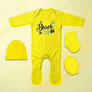 Beach Fun Quotes Jumpsuit with Cap, Mittens and Booties Romper Set for Baby Girl - KidsFashionVilla