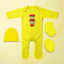 Load image into Gallery viewer, Apne Toh Apne Hote Hain Quotes Jumpsuit with Cap, Mittens and Booties Romper Set for Baby Boy - KidsFashionVilla
