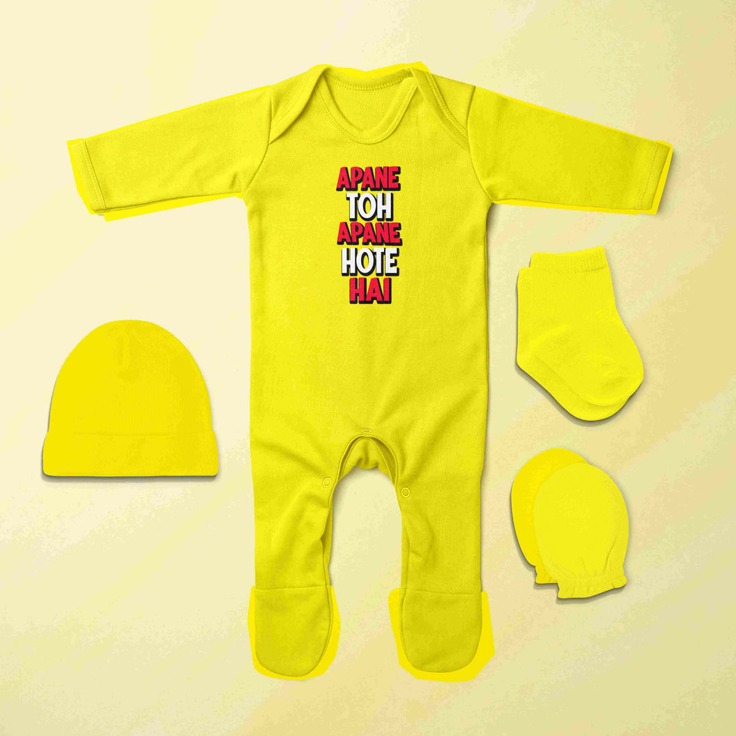 Apne Toh Apne Hote Hain Quotes Jumpsuit with Cap, Mittens and Booties Romper Set for Baby Boy - KidsFashionVilla