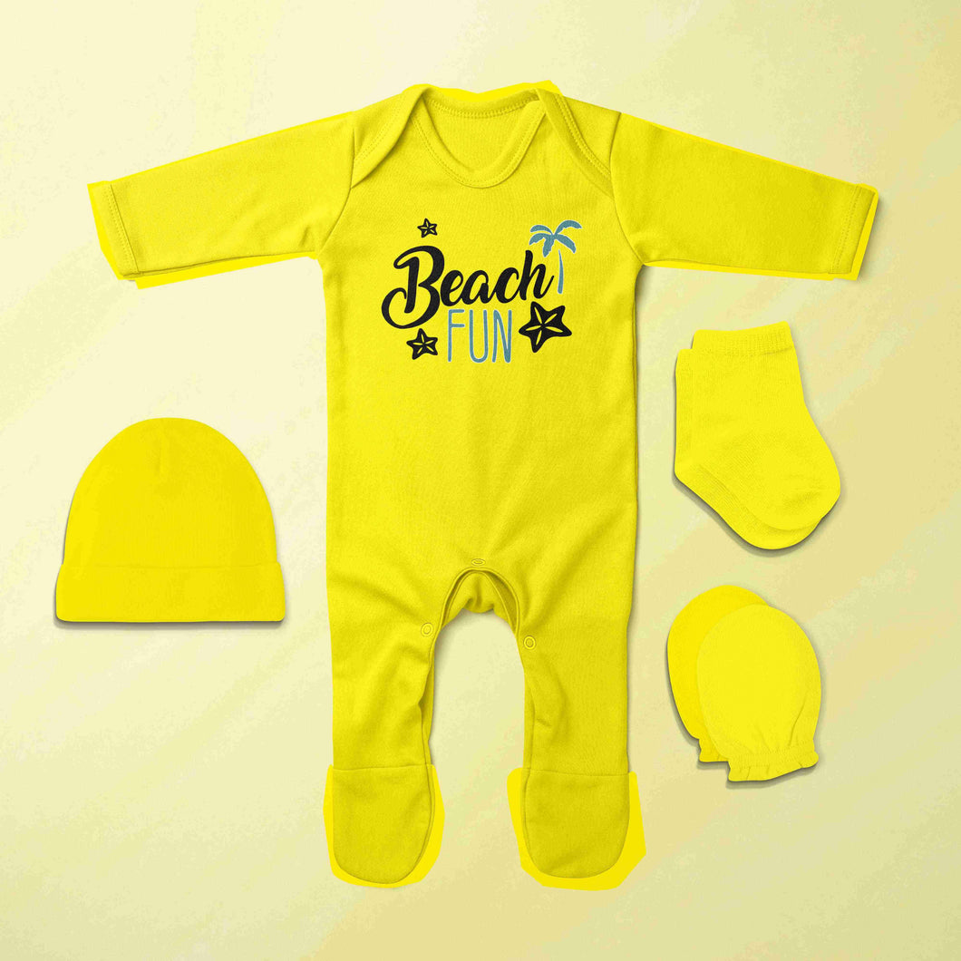 Beach Fun Quotes Jumpsuit with Cap, Mittens and Booties Romper Set for Baby Boy - KidsFashionVilla