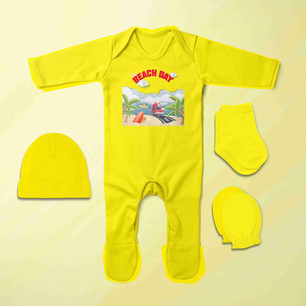 Beach Day Quotes Jumpsuit with Cap, Mittens and Booties Romper Set for Baby Girl - KidsFashionVilla