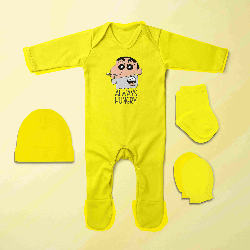 Always Hungry Quotes Jumpsuit with Cap, Mittens and Booties Romper Set for Baby Boy - KidsFashionVilla