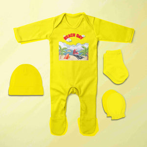 Beach Day Quotes Jumpsuit with Cap, Mittens and Booties Romper Set for Baby Boy - KidsFashionVilla