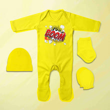 Load image into Gallery viewer, Boom Quotes Jumpsuit with Cap, Mittens and Booties Romper Set for Baby Boy - KidsFashionVilla
